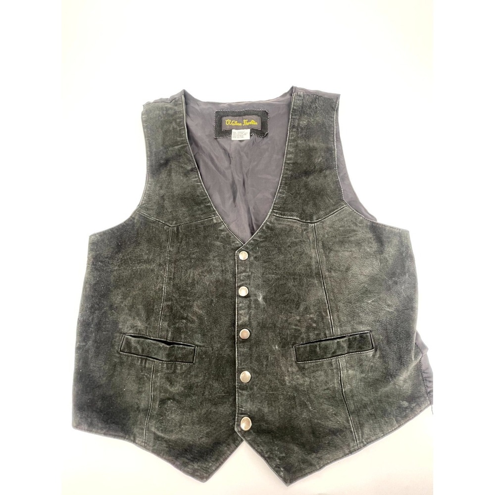 Western Frontier Suede Biker Cowboy Vest Mens M Black Leather Shell Snap Front